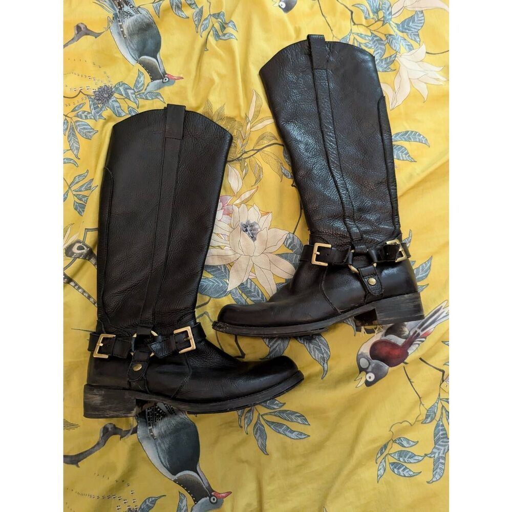 Miz Mooz Women’s 7.5 Black Leather Faux Fur Lined Tall Mid Calf Heeled Boots